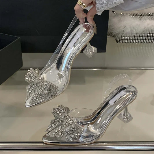 Summer Fashion Women Pumps Sandals Sexy Slingback High Heels Rhinestones Elegant Pointed Toe Transparent PVC Party Shoes