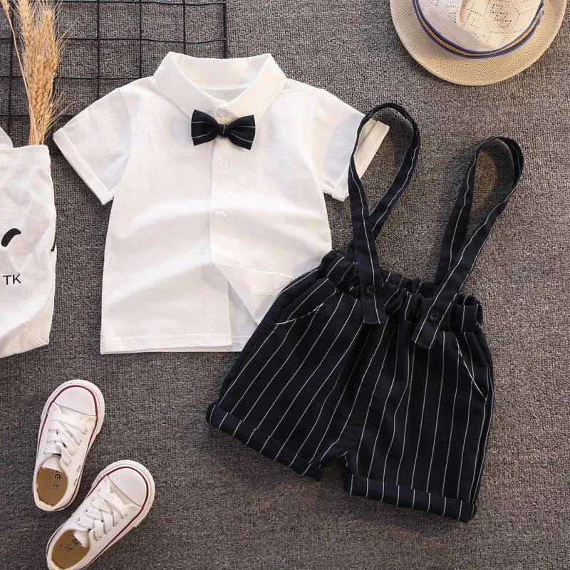 Gentleman Baby Boss Suit White Polo Shirt Stripe Straps Shorts Set 1st Birthday Outfit for Baby Kids Boys Wedding Party Tuxedo