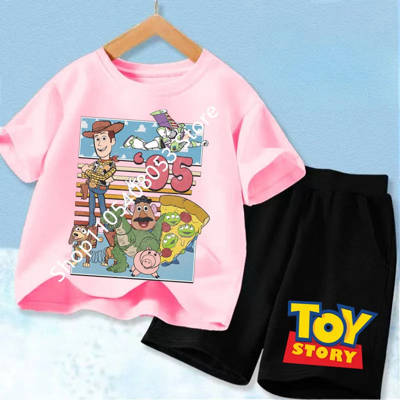 2026 Cute Toy Story Birthday Boy T-Shirt Set, Adorable Woody and Buzz Lightyear Design for Kids' Birthday Outfits