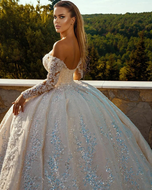 Customized Ball Gowns Beaded Appliques Sequins Off Shoulder Wedding Dress Long Sleeve Pleat Sweep Train Bridal Dresses