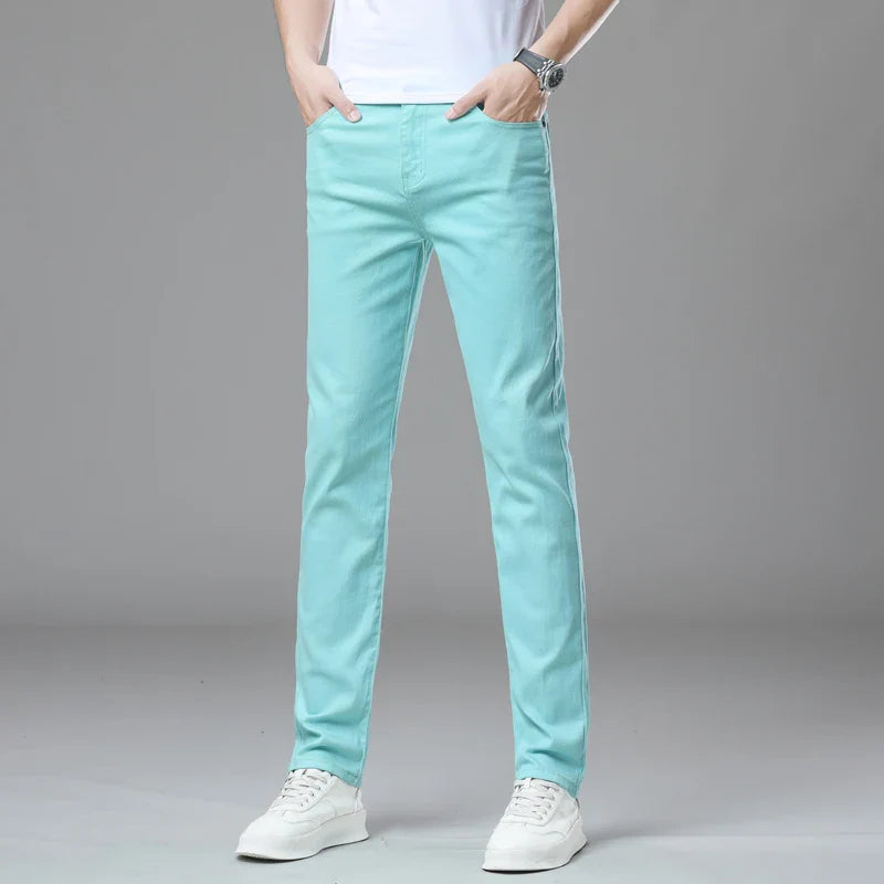 Straight Fashion Men's Jeans Solid Color Casual Business Stretch Washed Denim Trousers Breathable Streetwear Trendy Male Pants