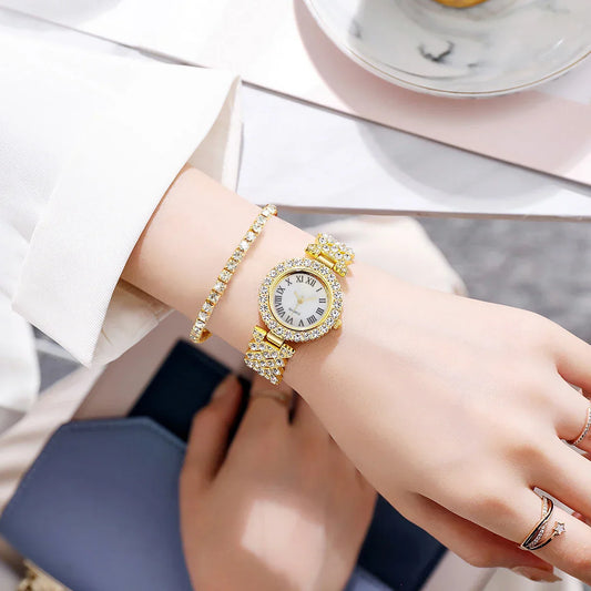 6PCS Luxury Rhinestone Women Watches Fashion Roma Dial Bracelet Wrist Watch Jewelry Set Relogio Feminino(Without Box)