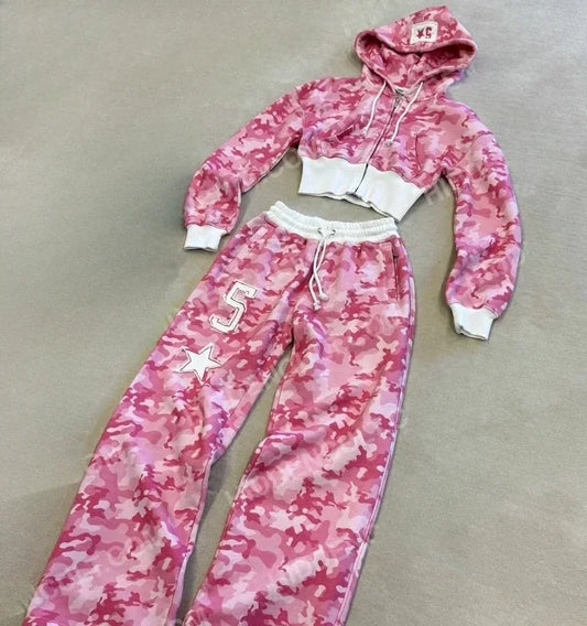 Pink Letter Graphic Zipper Sportswear Clothes Y2K FashionWomen's Casual Short Top Set Sweatshirt Loose Sport Pants