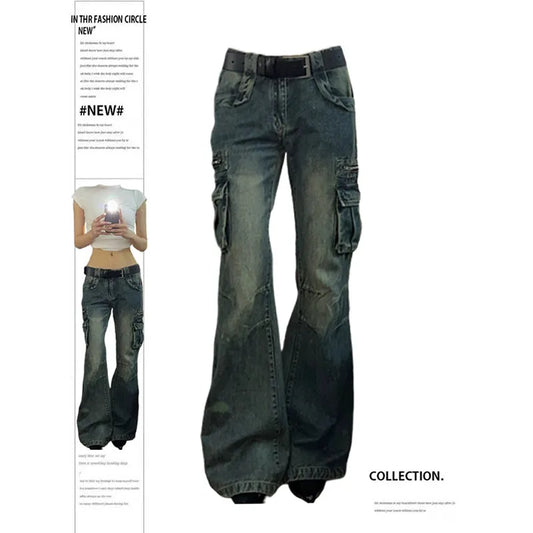 Women Blue Baggy Cargo Jeans Harajuku Y2k 90s Aesthetic High Waist Denim Trouser 2000s Oversize Jean Pants Vintage Clothes