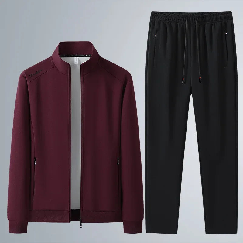 Spring Autumn New Men's Cotton Sports Suit Stand Collar Sweatshirt Middle-Aged And Elderly Casual Stylish Cardigan Loose-Fit 2-P