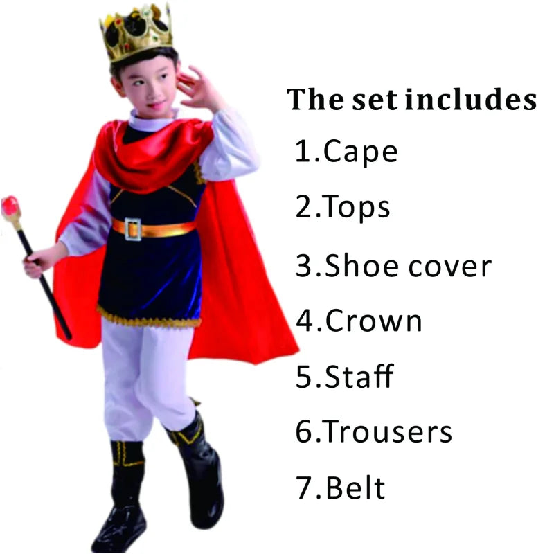7 Pieces Boys King Carnival Costume Medieval Royal Prince Full Set Outfits for Halloween Birthday Party Fancy Dress Up
