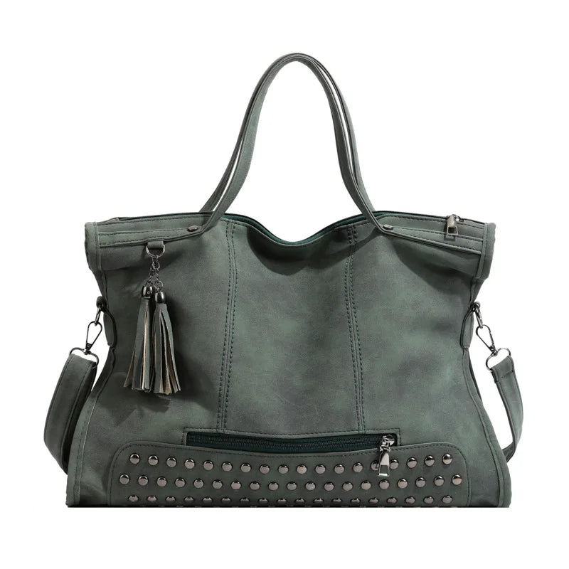 Vintage Designer Luxury Women Tote Bag Casual Lage Capacity Handbags Fashion Rivet Tassel PU Leather Female Shoulder Bag