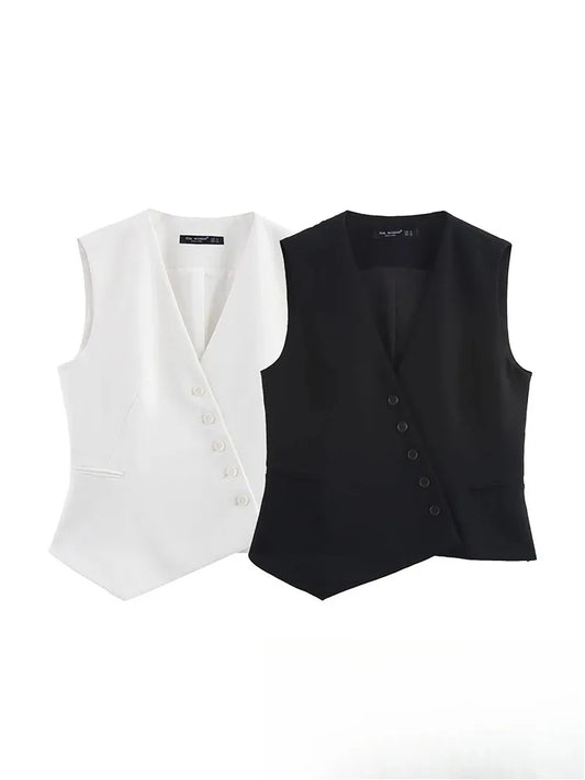 Casual Women Solid Tops Asymmetric V-Neck Single Breasted Pockects Sleeveless Vest Fashion 2025 Autumn Blazer Tops