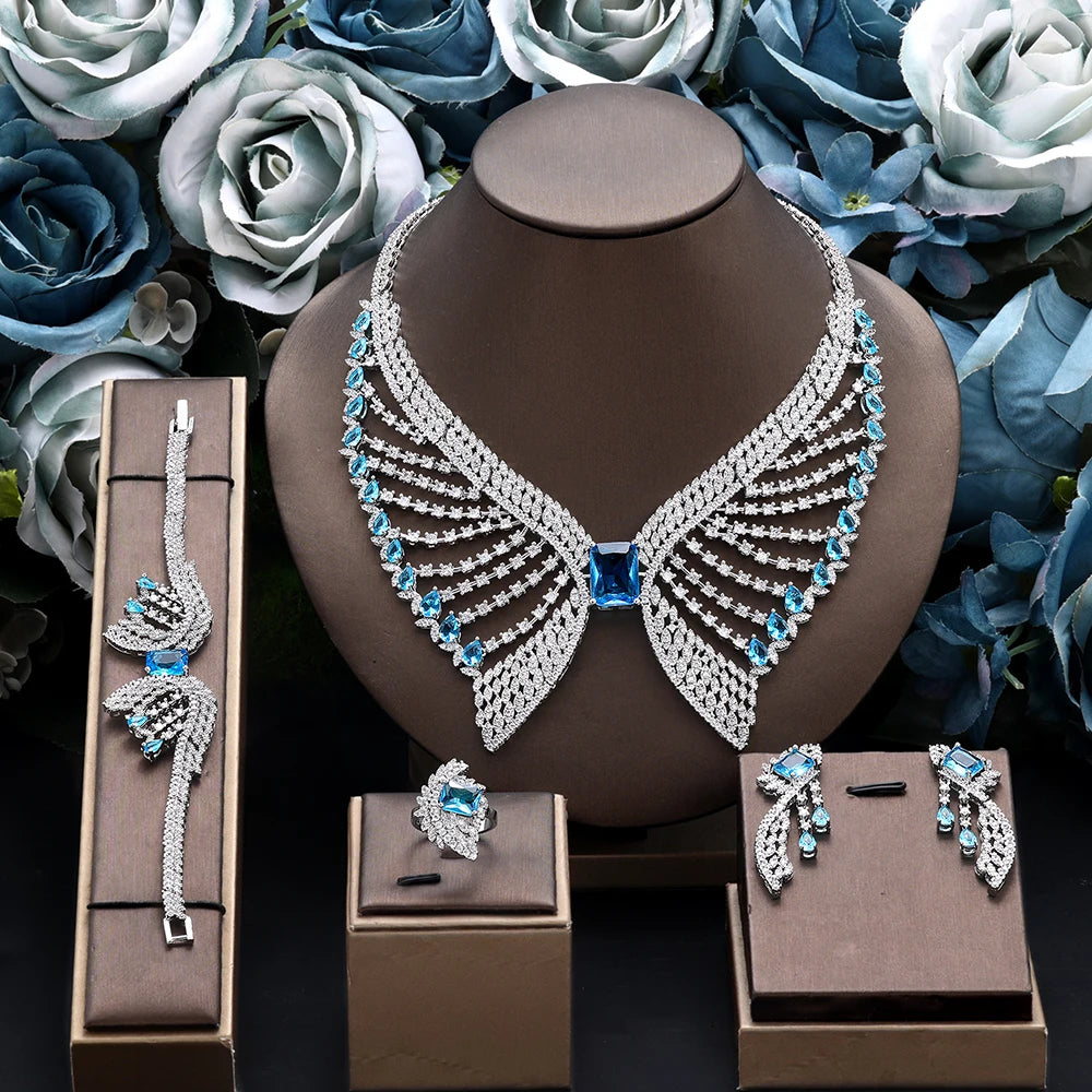 Conjunto de Joias Populares de Zircônia de 4 Peças para Noivas 2025, Conjunto de Colar de Casamento de Cristal de Luxo CZ Dubai Nigéria para Mulheres