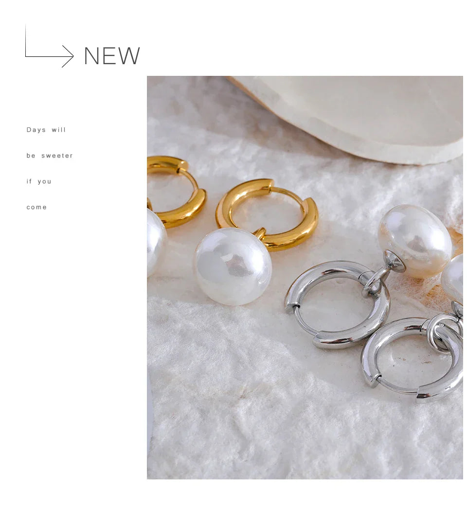 High Quality Imitation Pearls Drop Stainless Steel Golden Korean Hoop Earrings Charms Fashion Jewelry Bijoux Femme Gift