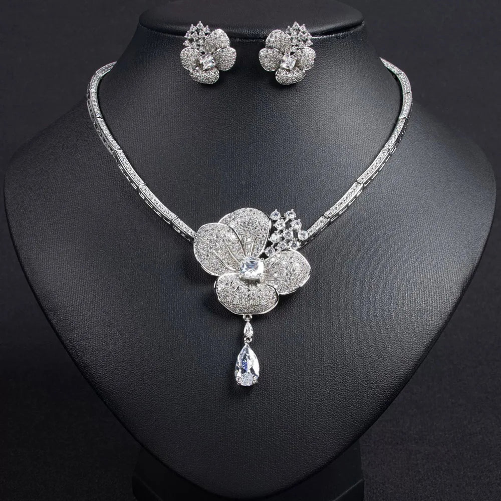 Cubic Zircon Crystal White Flower Women Choker Necklace and Earrings Bridal Jewelry Set for Wedding Dress Accessories S-338