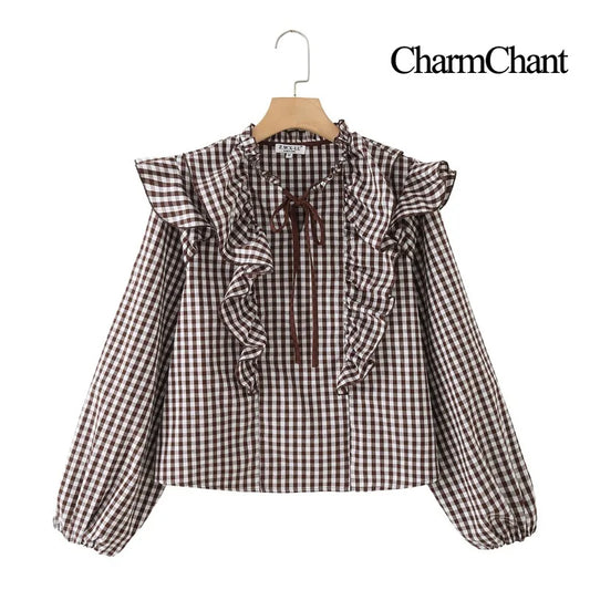 Women's Cotton Gingham Cropped Ruffle Tie Neck Blouse Spring Autumn 2026 Chic Modern Long Sleeve Shirt Tops for Woman