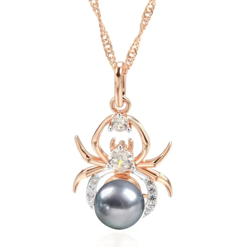 Hot Gray Pearl Animal jewelry Set for Women Spider Earrings Necklace and Ring 585 Rose Gold Silver Color Mix Retro Jewelry