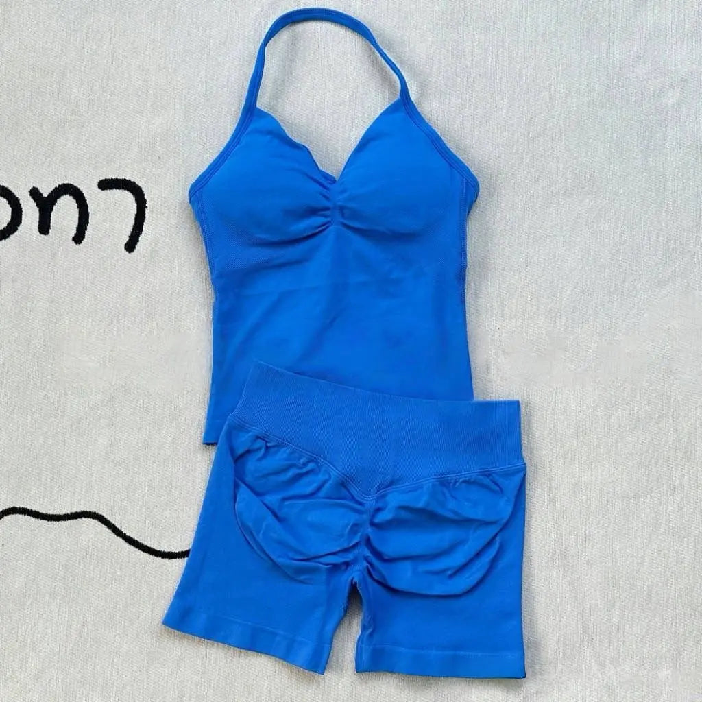 Women Gym Suit Clothes Longline Strappy Top Bras Seamless Running Shorts Sports 2 PCs Fitness Suit Running Workout Yoga Set