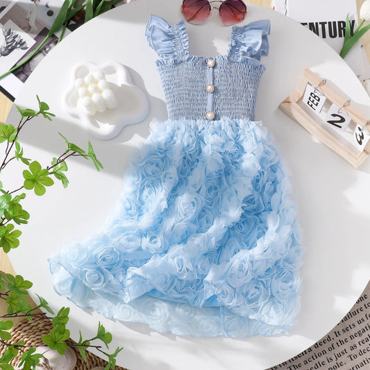 Vestido de Tule Azul Celeste para Meninas - Saia com Apliques de Rosas 3D, Botões de Pérola, Vestido de Festa Vintage Chique