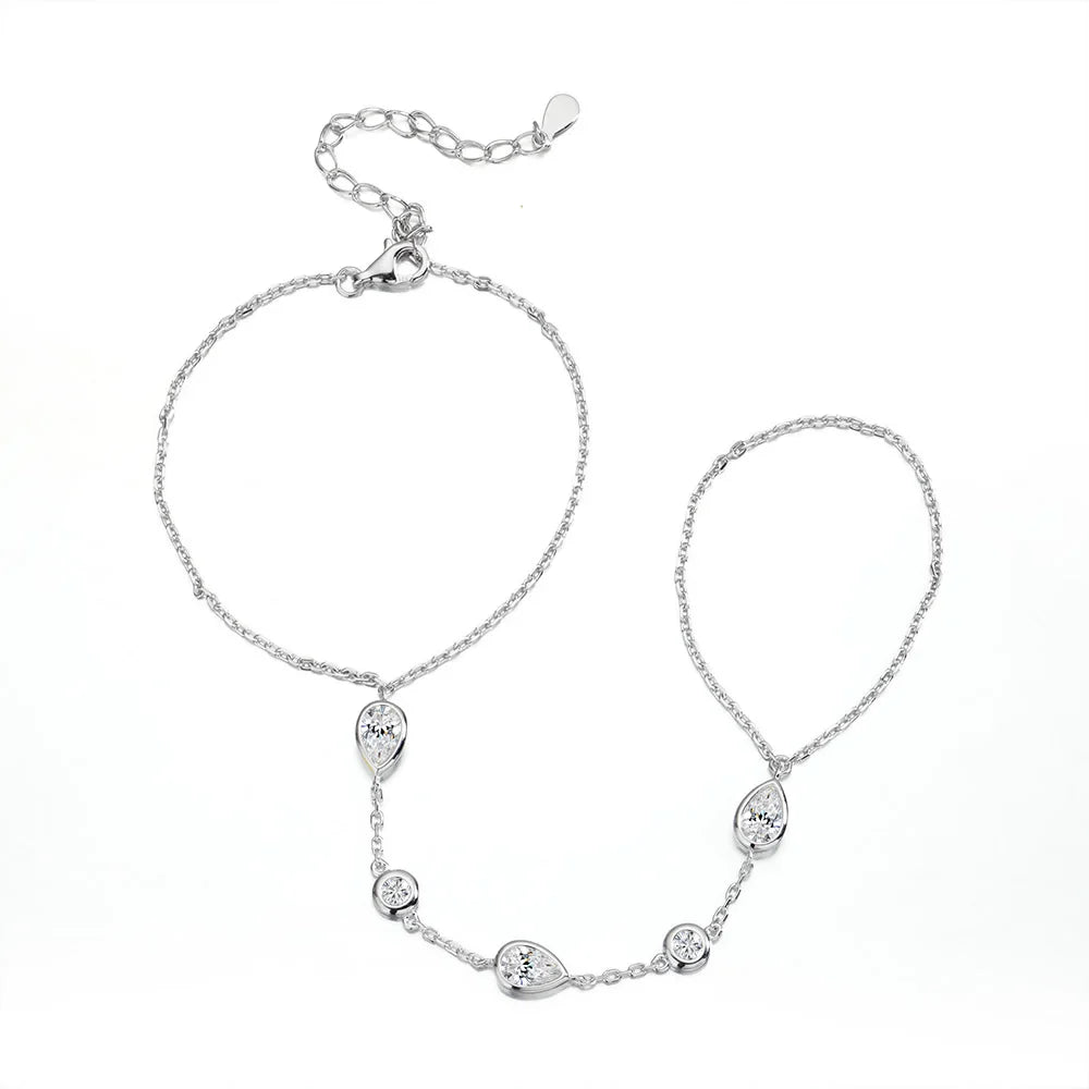 Dainty All Pear Round Cut Moissanite Finger Chain Bracelets Women 14-20cm Wrist Size Adjustable s925 Silver Hand Jewelry