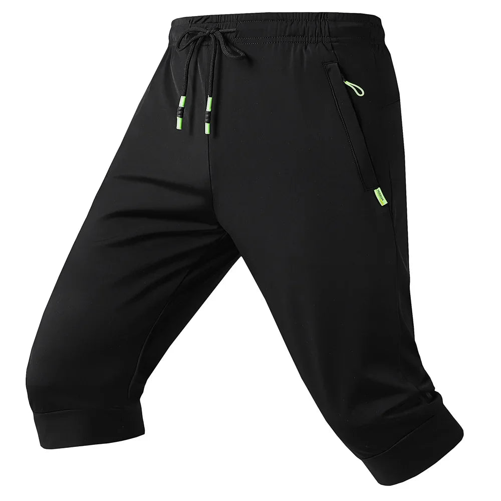 2024 Black Summer New Running Loose Ice silk Zipper Pocket Seven Quarter Pants Men Thin Casual Beach Over Knee Straight Shorts