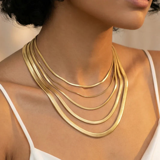 Minimalist Unisex Snake Choker Chain Necklace Stainless Steel Herringbone Gold Plated Boho Vintage Jewelry Gift For Women Men