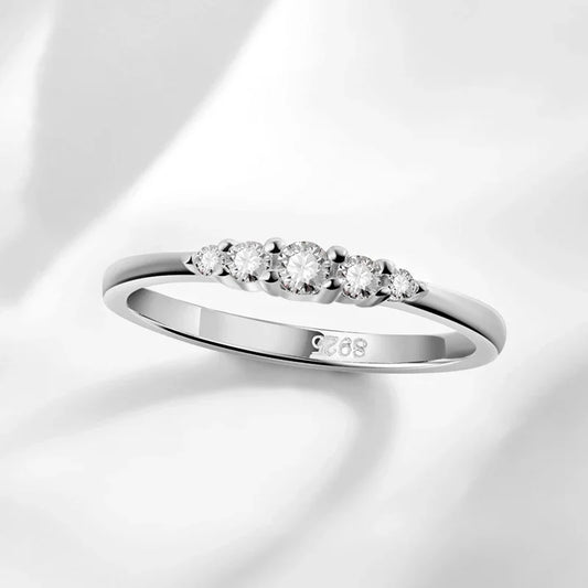 0.13CTTW 2.5mm Certified Moissanite Rings for Women 5 Stones Sparkling Sterling Silver 925 Wedding Band Mach Diamond GRA