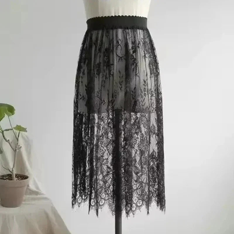 Transparent Sexy Lace Mesh Skirt Elastic High Waist Black White Tulle Mini Skirts Womens Skirt Korean Fashion Women's Skirt