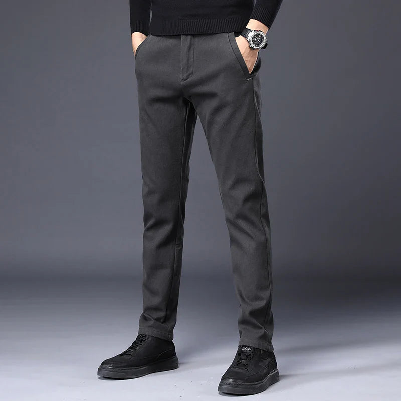 Men's Slim Suit Casual Pants Thick Fashion Embroidered Pocket Trousers Business Baggy Office Comfortable Elastic Pants Male