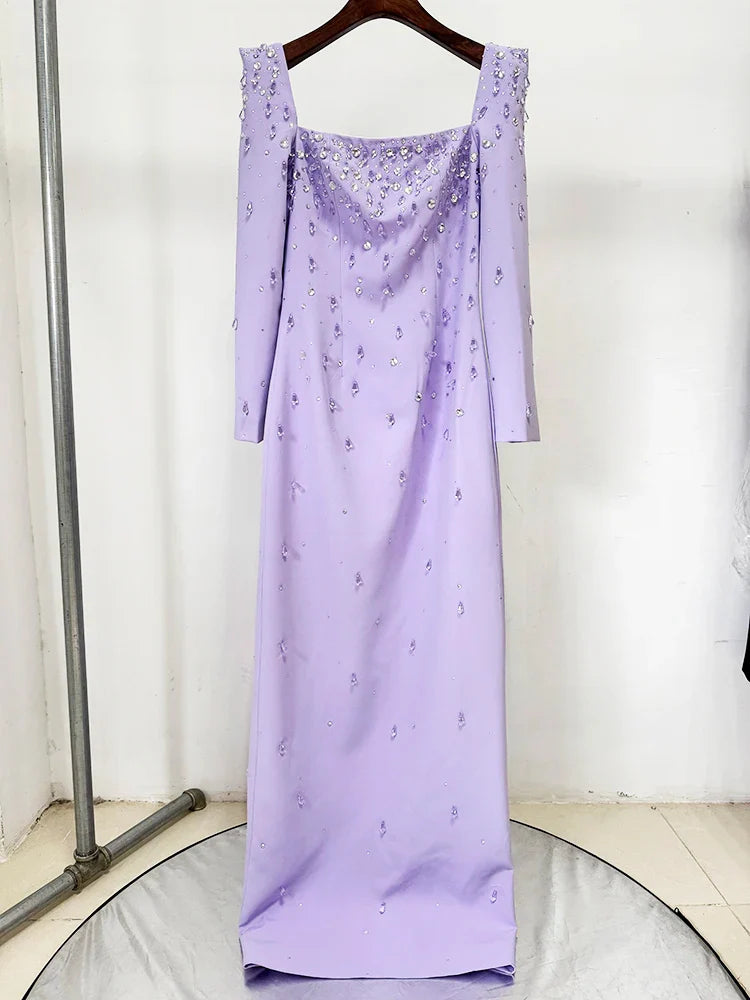 Newest Fashion 2026 Designer Vestido Women's Square Collar Beading Diamonds Long Sleeve Maxi Dress