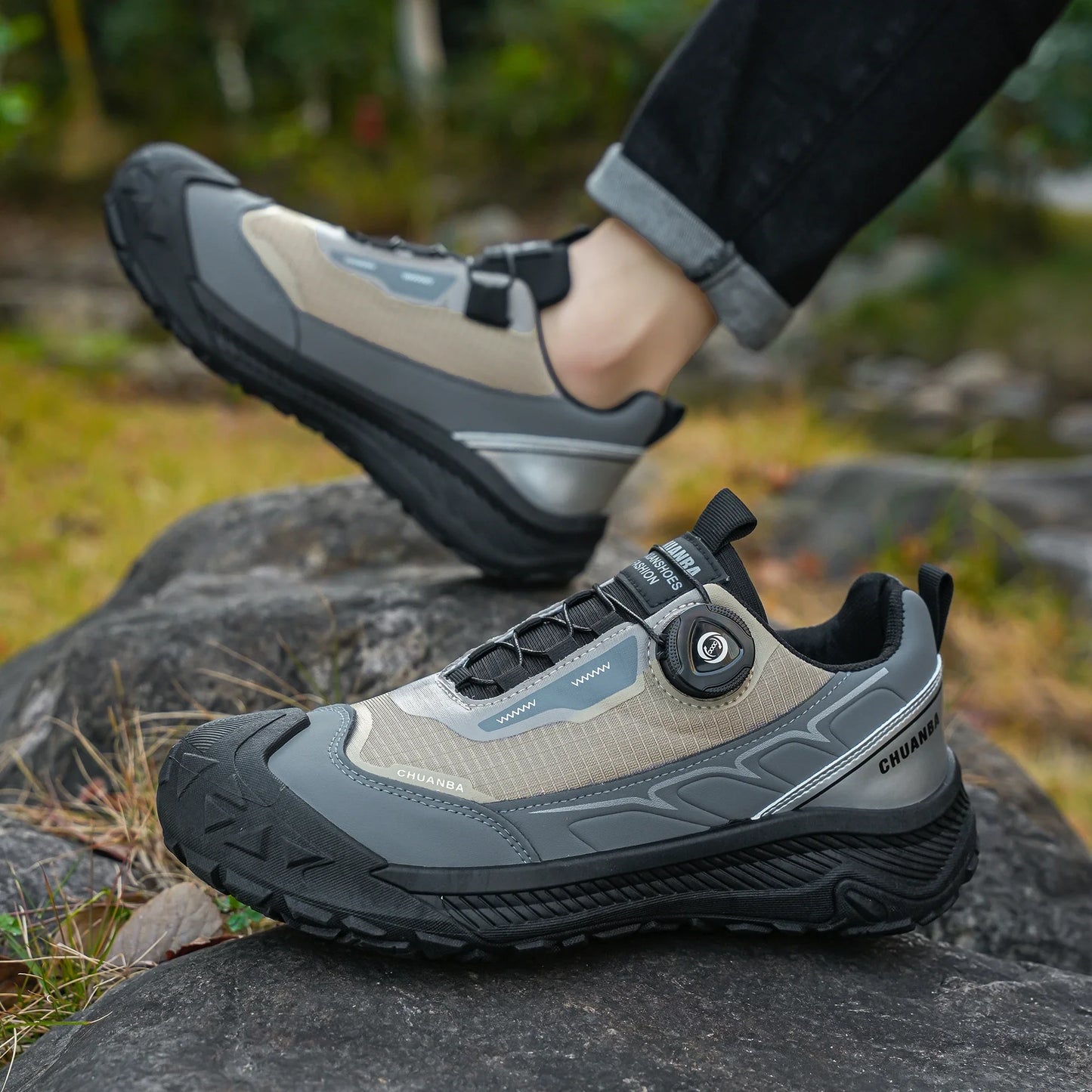 Men's Lightweight Casual Shoes Outdoor Running Shoes in Black Grey Khaki Sizes 39-48 PU Material with Canvas