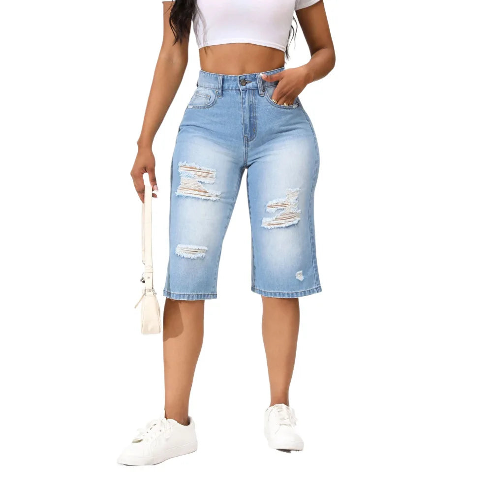 Calf-Length Jeans For Women Fashion Ripped Slim Fit Casual Clothing
