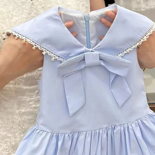 New Summer Girls Clothes 2-7 Years Old Korean Edition Fashion Versatile Daily Collar Bow Sleeveless Folded Seaside Holiday Dress