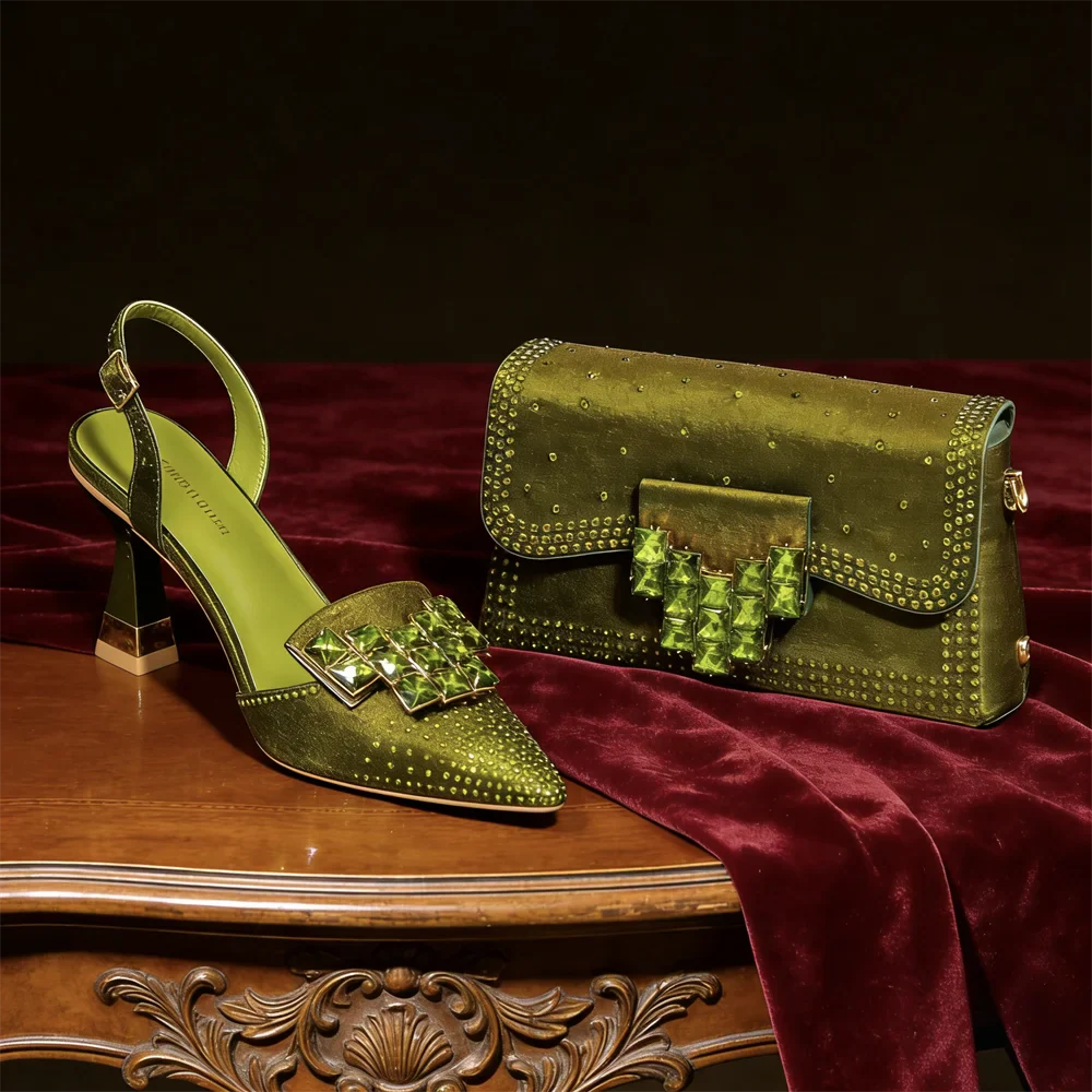 Italian Design Olive Green rhinestone Pointed-Toe Women's High Heels & Matching Bag Set - Ideal for Parties & Weddings
