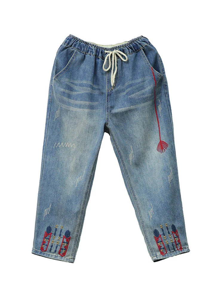 Fashion Summer Ladies Ripped Loose Jeans Womens Leisure Embroidery Denim Trousers Vintage Females Elastic Harem Pants