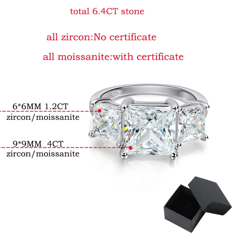 Princess Cut 3 Gems Moissanite Wedding Rings for Women Couple Jewelry Girl's Birthday Gift Lab Diamond Band Pure S925