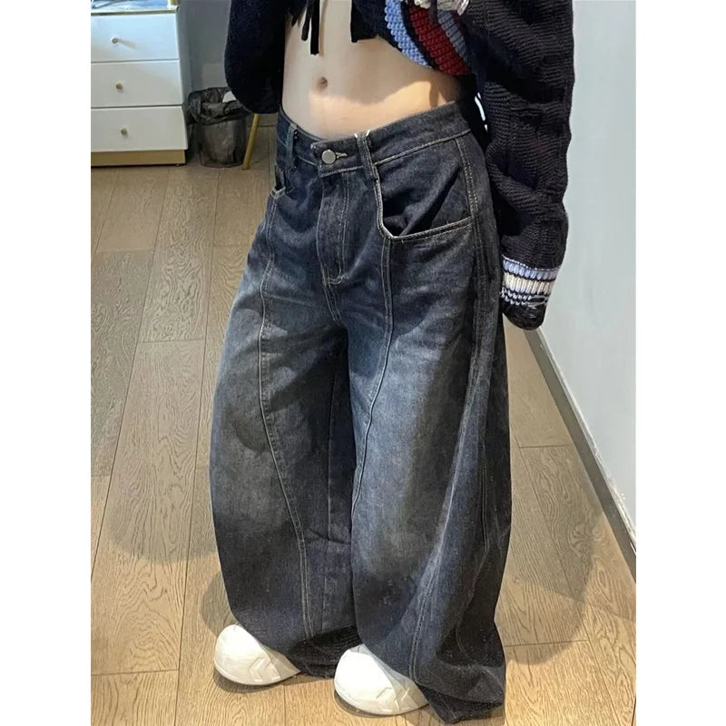 High Waist Vintage Design Hip Hop Straight Baggy Denim Pants