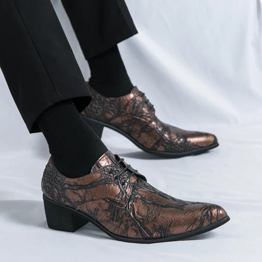 Men High Heeled Lace Up Derby Shoes PU Embossed Fashionable Comfortable Business Formal Banquet Men Shoes