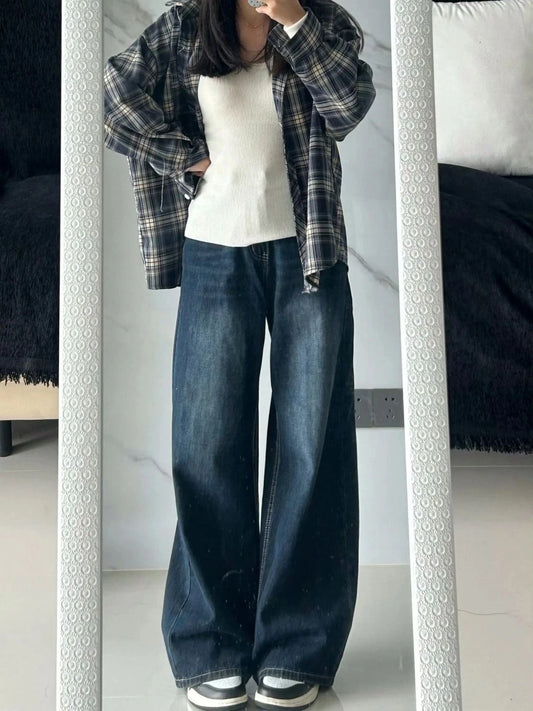 Calça Jeans Feminina Baggy Jeans Y2k Retrô Perna Reta Solta Denim Lavado Cintura Alta Efeito Emagrecedor Caimento Confortável Calças Compridas Para Mulheres