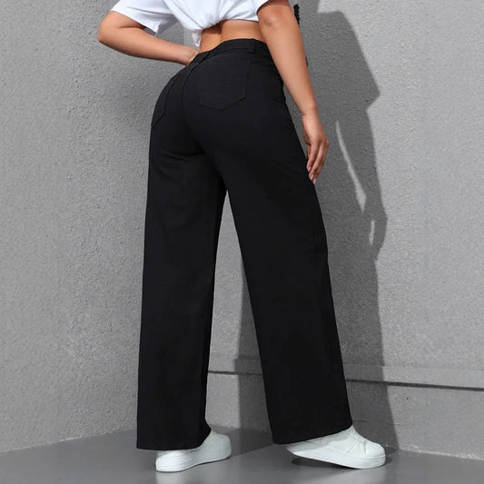Women Streetwear Jeans Washed Distressed High Waist Straight Trousers