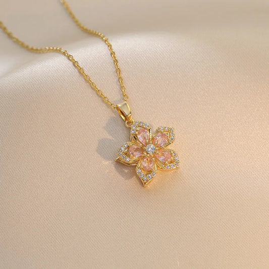 316L Stainless Steel Gold Plated Romantic Rotatable Flower Zirconia Pendant Necklace For Women Girls Charm Luxury Jewelry