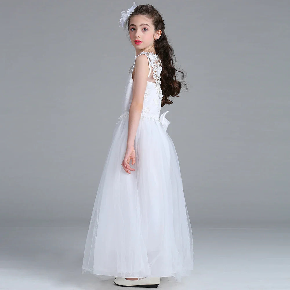 Teen White Lace Bridesmaid Dresses Flower Bow Kids Dress For Girl Ceremony Party Wedding Evening Dress Gown Vestido 10 14 Years