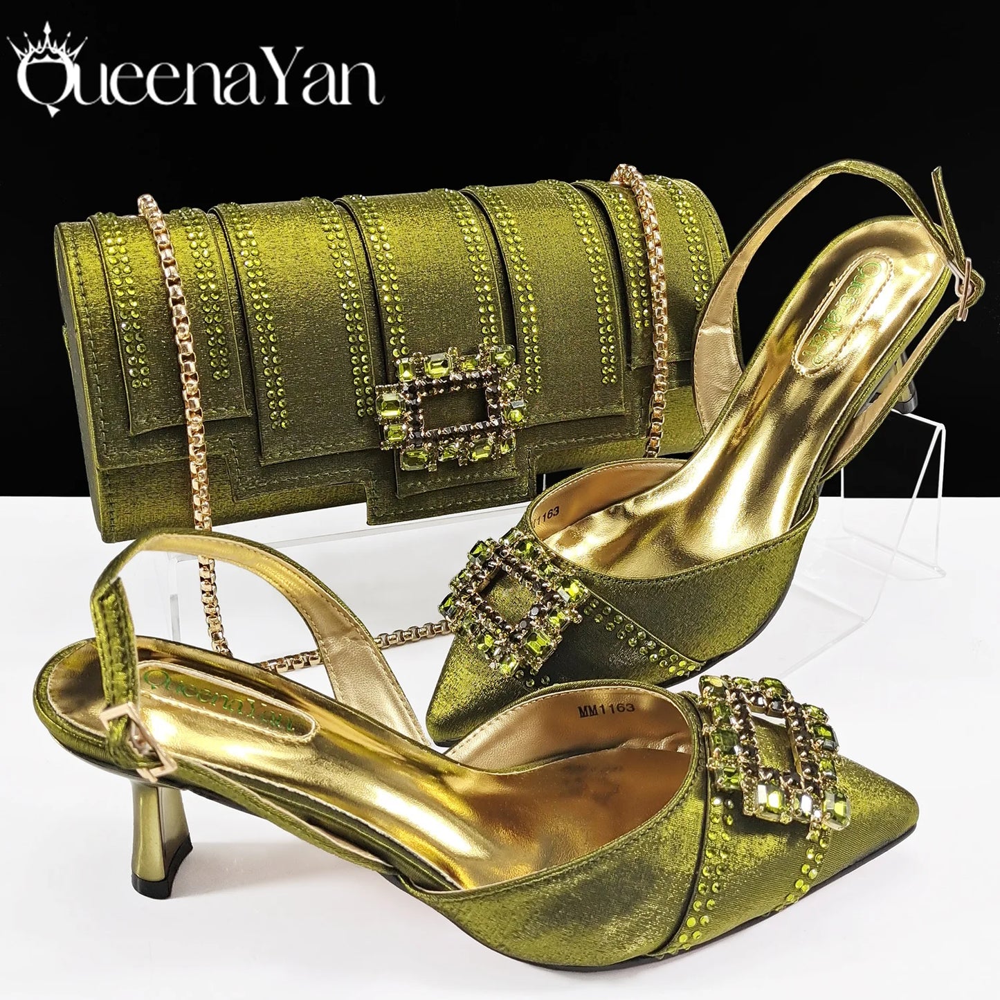 Spot Goods Italian Fashion Women Heels Elegant Color Block Design Brown Shoes And Bag Full Rhinestone Party Bag