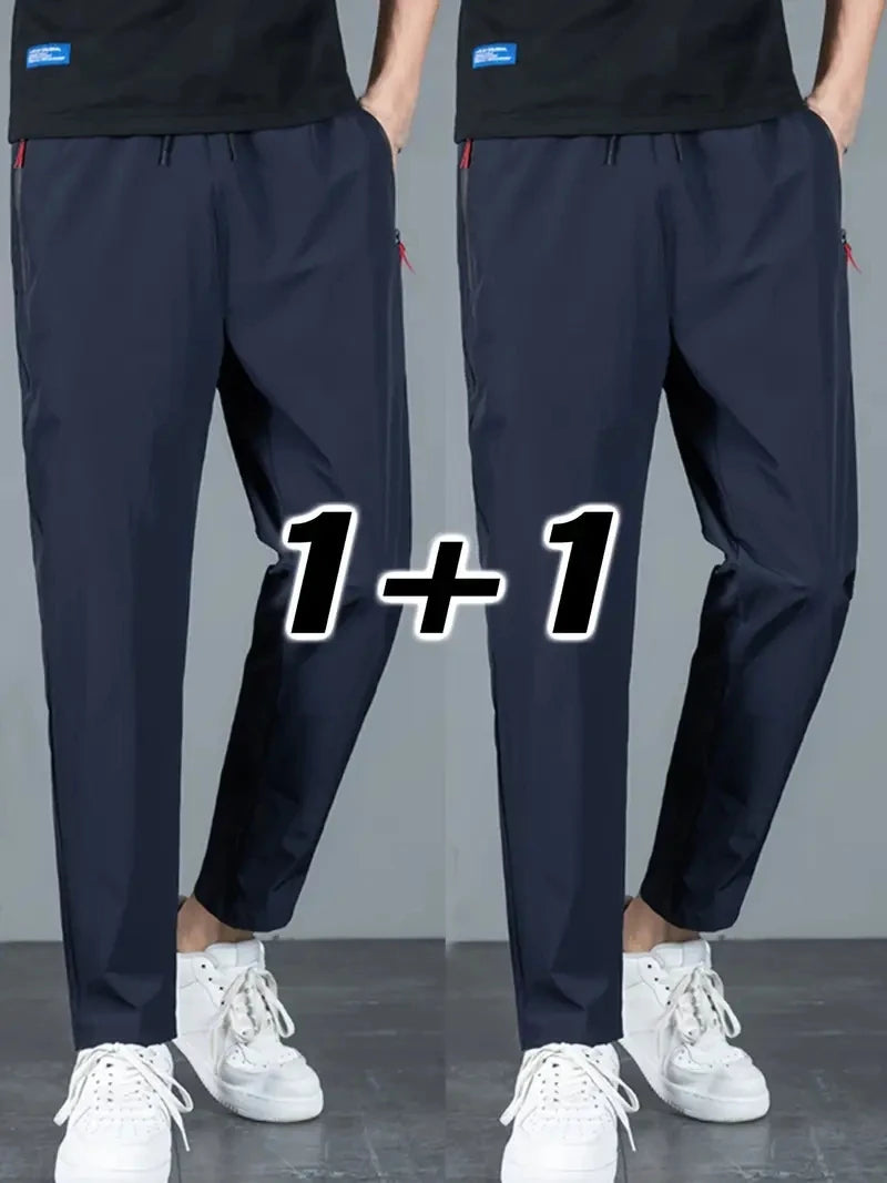 Calças Casuais Masculinas de 2 Peças Elásticas na Cintura Jogger Coreanas Clássicas Azul Preto Cinza Masculino Marca Calças Tamanhos Grandes