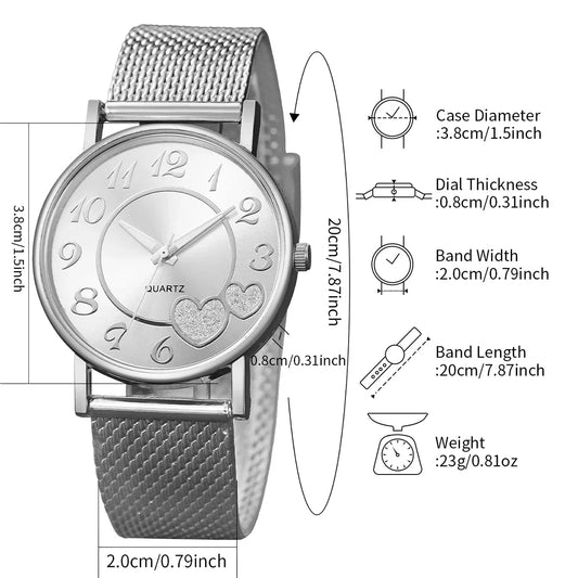 6PCS/Set Fashion Heart Dial Women Watches Plastic Band Quartz Watch Rhinestone Heart Jewelry Set(Without Box)