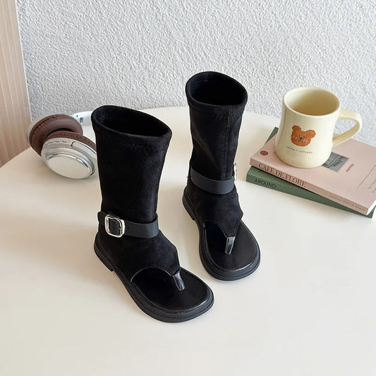 Summer Princess Long Pipe Boots Roman Sandals for Kids Girl Brand Design Ankle Strape Stretch-Satin Flip Flop Girls Shoes I06242