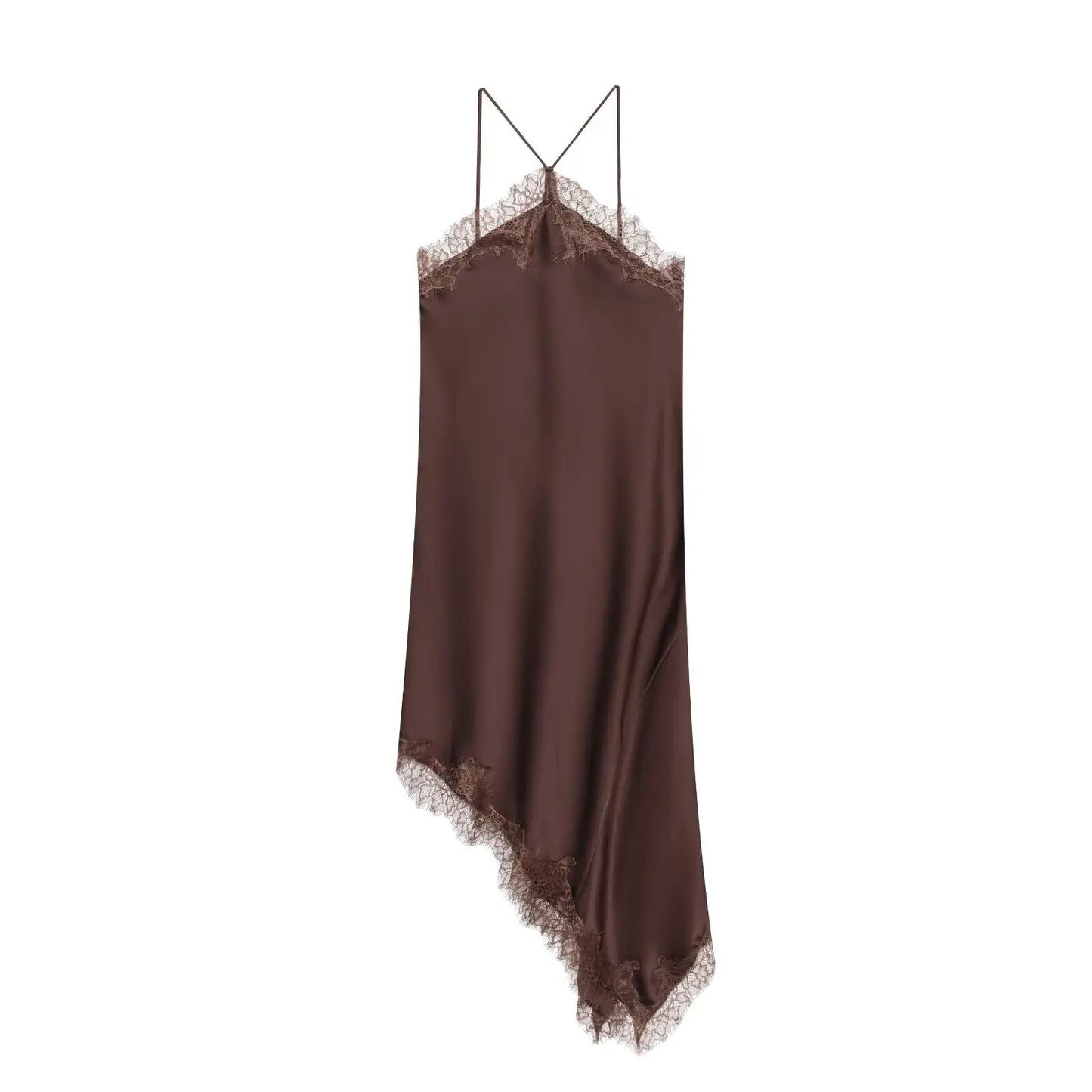 Summer New Product Women's Lace Decorative Satin Texture Strap Sexy Dress with Hanging Neck and Asymmetric Bottom