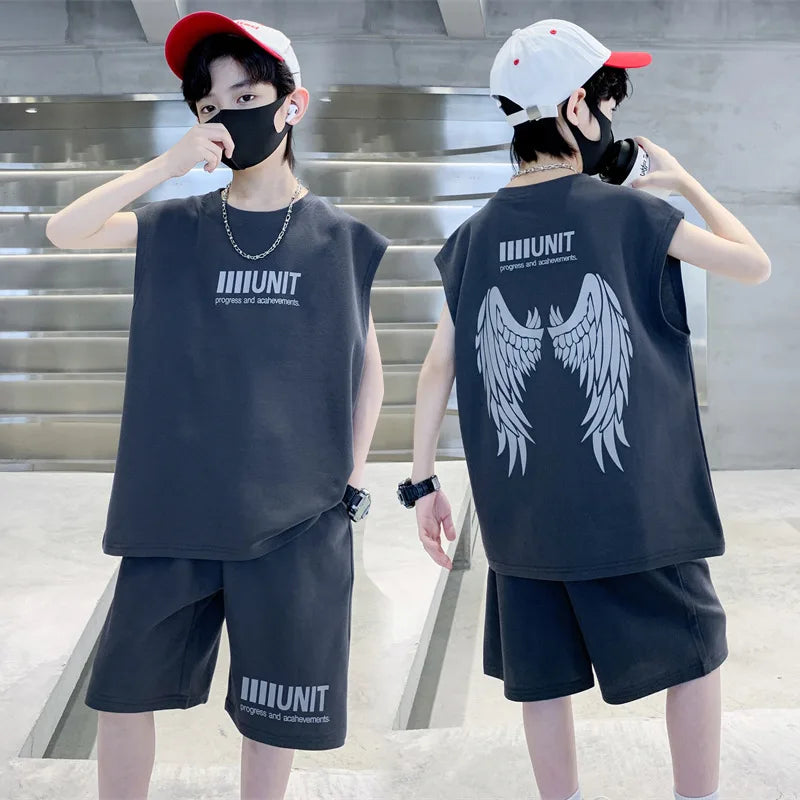 Big Child Cotton Summer Suit for Teens Boy Wing Print Cotton Tshirt + Shorts 2PCS Clothing Set Kids Adult Fashion Street Outfit