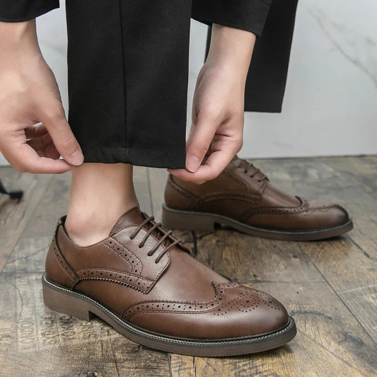 Men Lace Up Derby Shoes PU Solid Color Round Toe Business Casual Fashion Formal Shoes