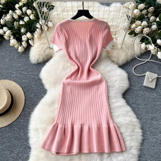 Fashion Knitted Mermaid Dress 2026 New Elegant V-neck Buttons Ribbed Sweater Dress Lady Bodycon Party Vestidos