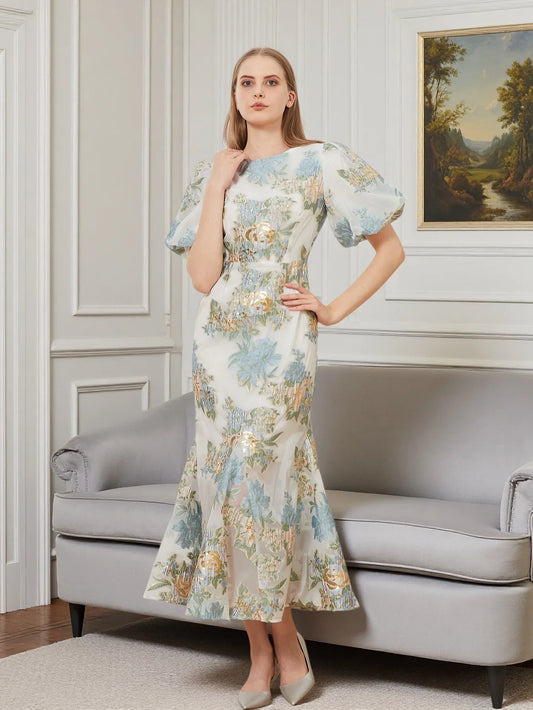 Elegant Floral Organza Fishtail Long Dress Maxi Luxury Mermaid Evening Dresses Puff Sleeve Fashion Slim Bodycon Party Club Dress