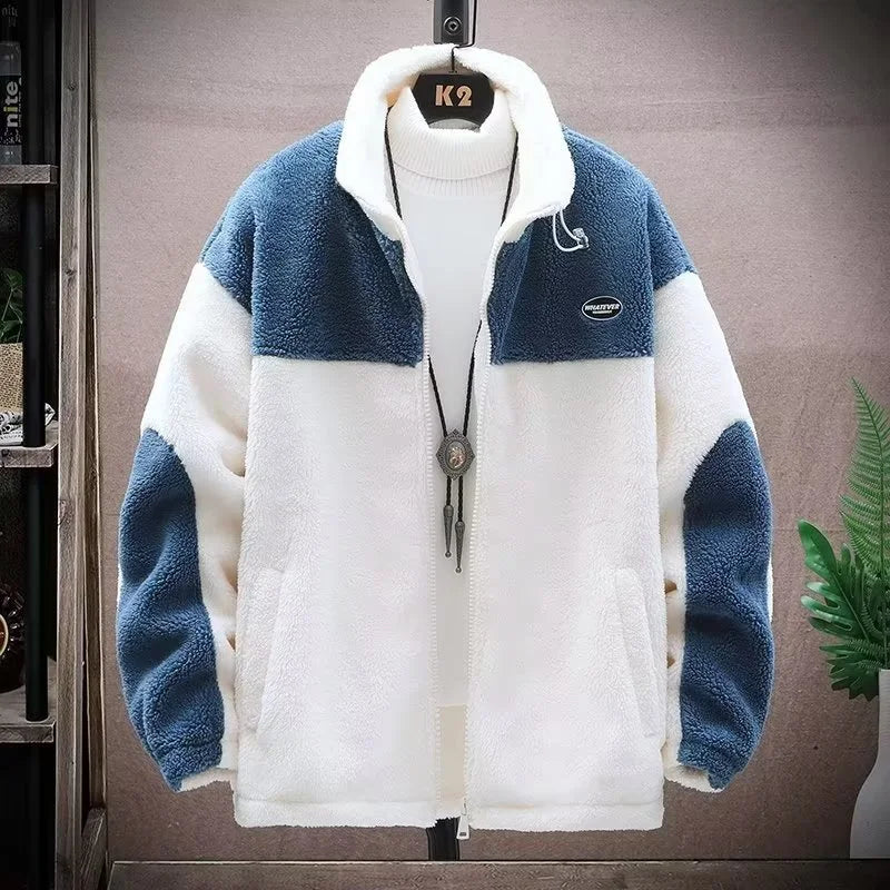 Winter Corduroy Thickened Warm Coat Cotton Clothes Men Sheep Velvet Crop Top Fiber Mixed Fabric Logic Line Scarf