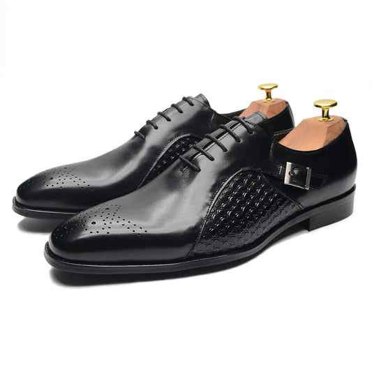 Classy Men's Genuine Leather Oxford Dress Shoes Blue Black Lace-up Brogue Pointed Business Wedding Party Formal Shoes for Men