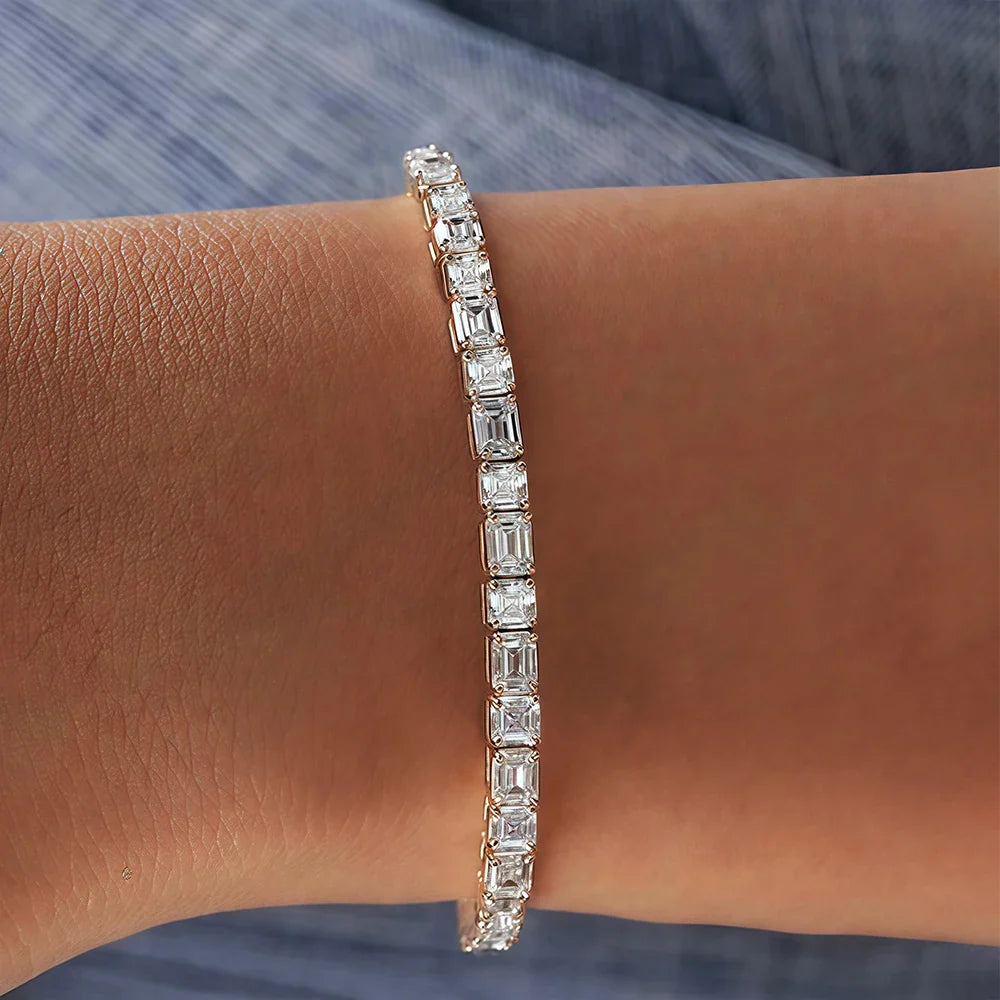 Asscher/Emerald Cut All Moissanite Diamond Tennis Bracelets for Women Men S925 Silver Plated 18k Gold Squre/RectangleWrist Chain